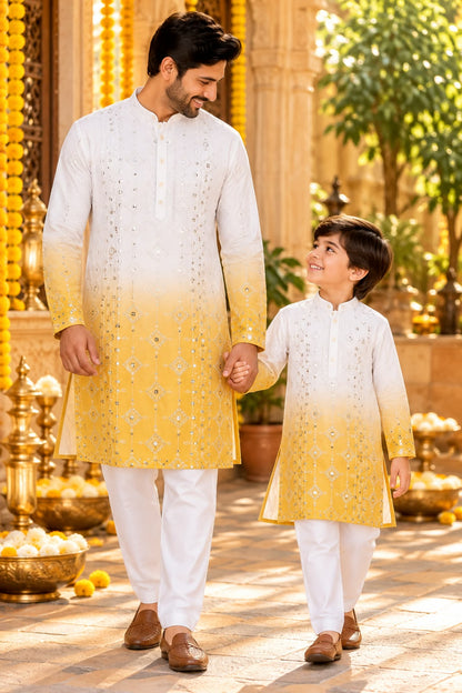 Father-Son Yelllow Tie & Dye Ombre Kurta Pajama Combo set
