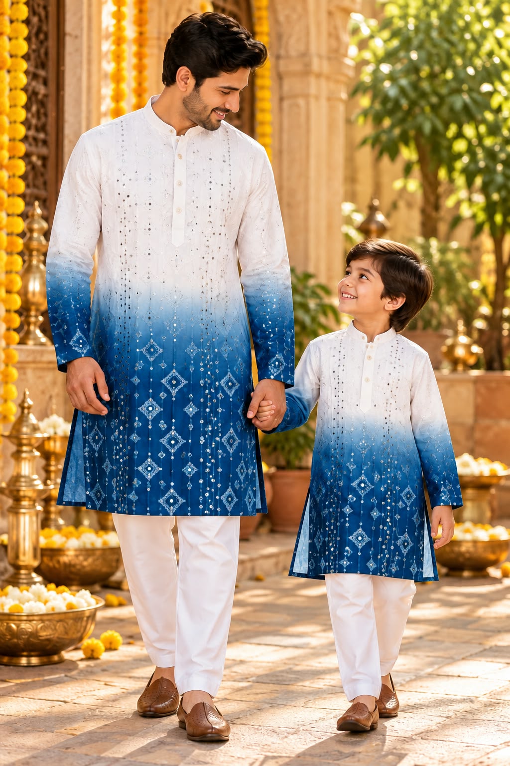 Father-Son Blue Tie & Dye Ombre Kurta Pajama Combo set