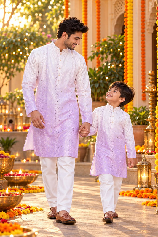 Father-Son Mauve Tie & Dye Ombre Kurta Pajama Combo Set