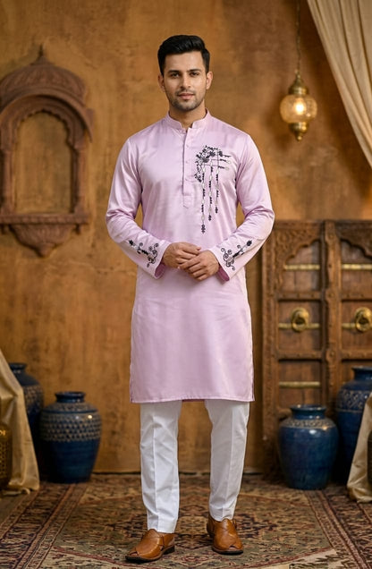 Father-Son Lavender Emroidered Kurta Pajama Combo Set