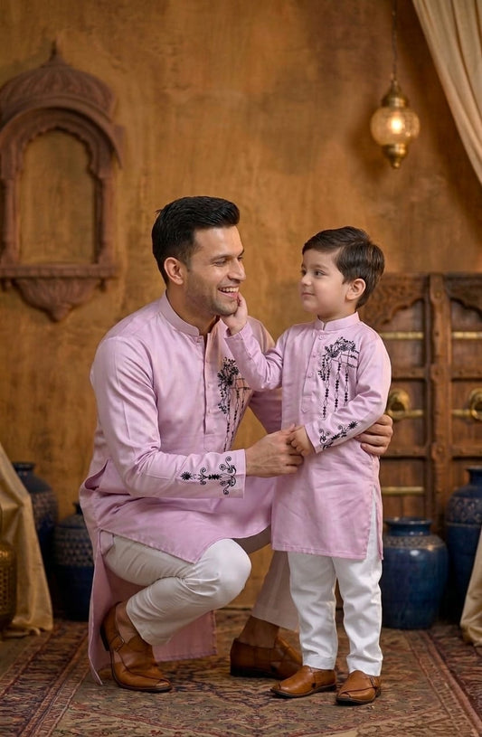 Father-Son Lavender Emroidered Kurta Pajama Combo Set