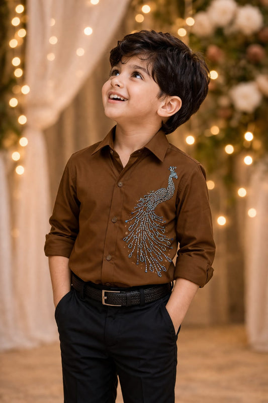 Brown Peacock Embellished | Shirt For Boys