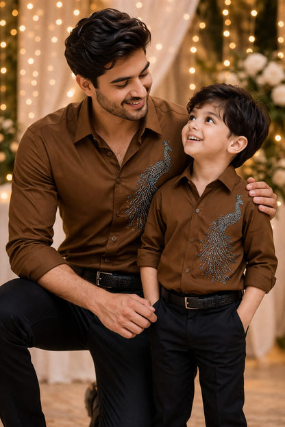 Brown Peacock Embellished| Father-Son Matching Shirt