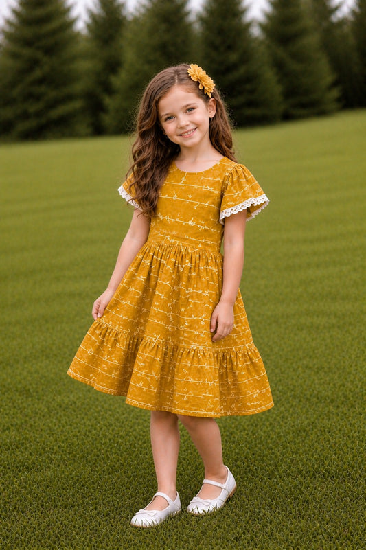 mustard yellow signature print girl dress