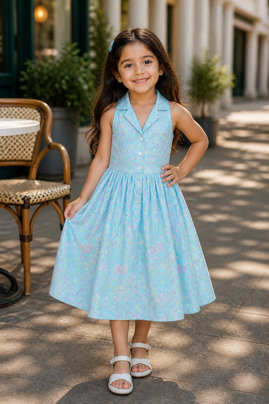 aqua petal print girl dress