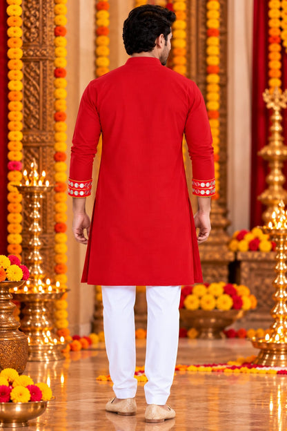 Festive Red Trinayani Handwork Father Son Combo Set