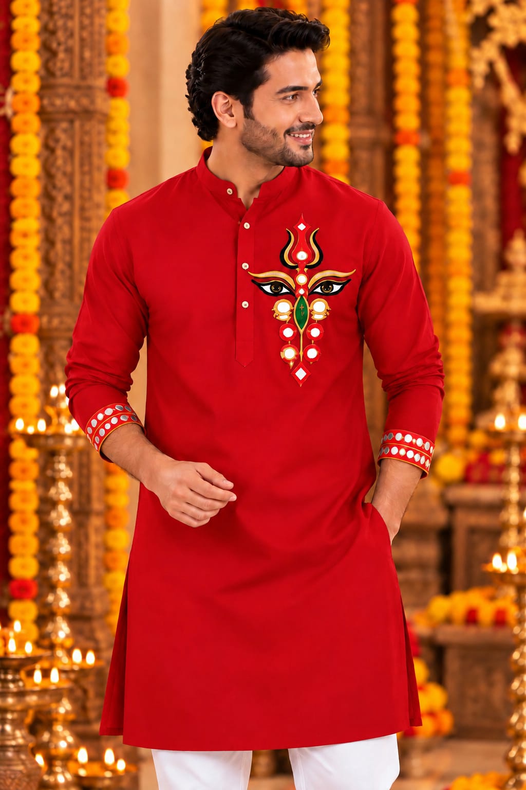 Festive Red Trinayani Handwork Father Son Combo Set