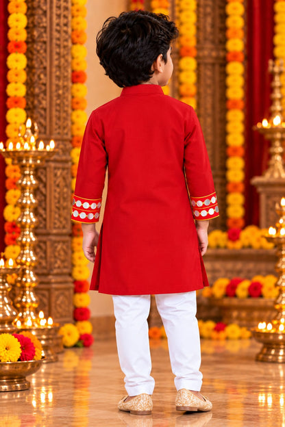 Boy Festive Red Trinayani Handwork Kurta Pajama Set