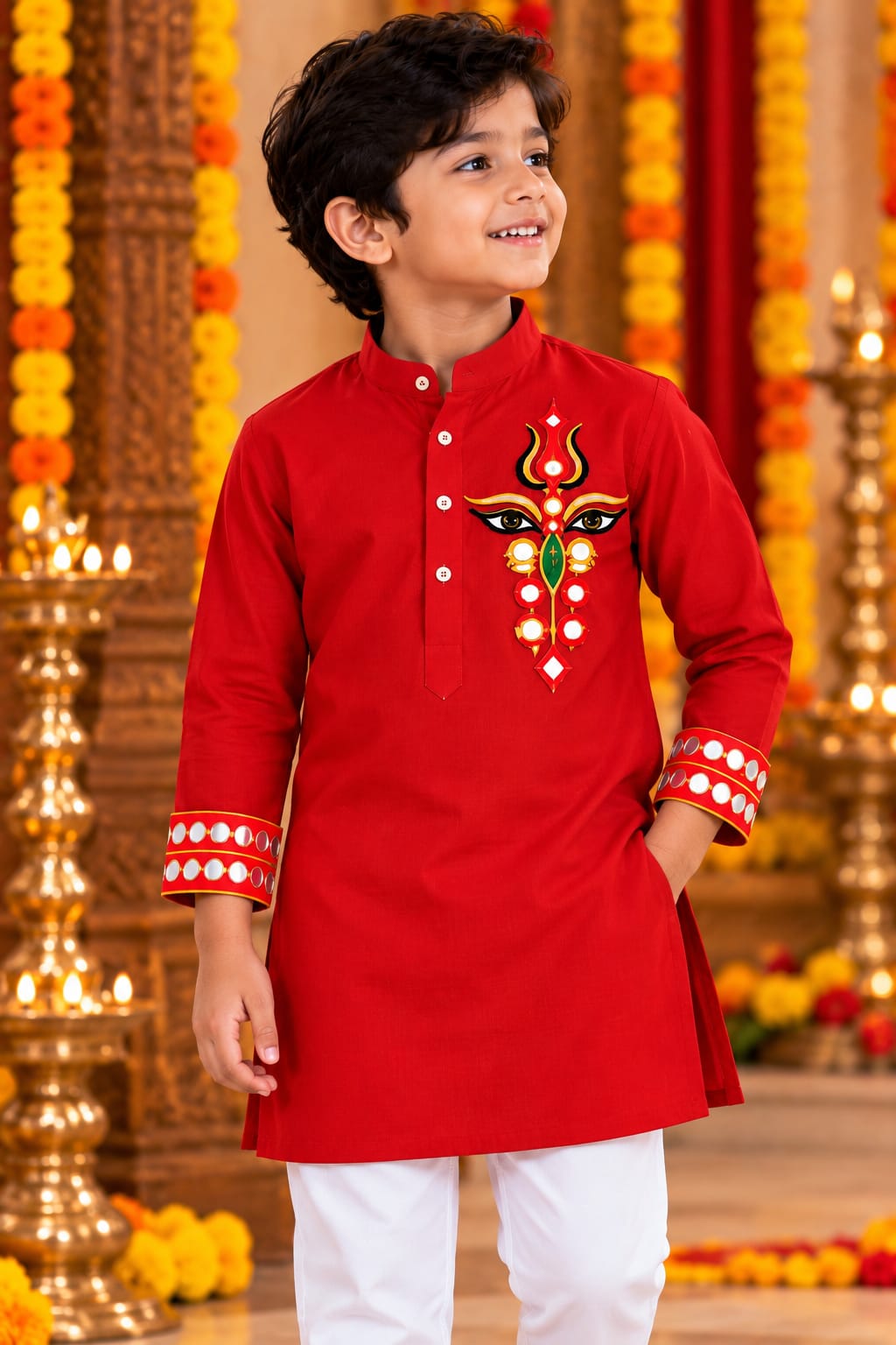 Boy Festive Red Trinayani Handwork Kurta Pajama Set