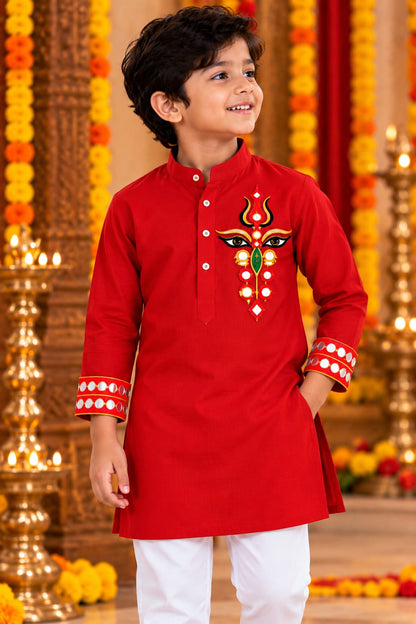 Boy Festive Red Trinayani Handwork Kurta Pajama Set
