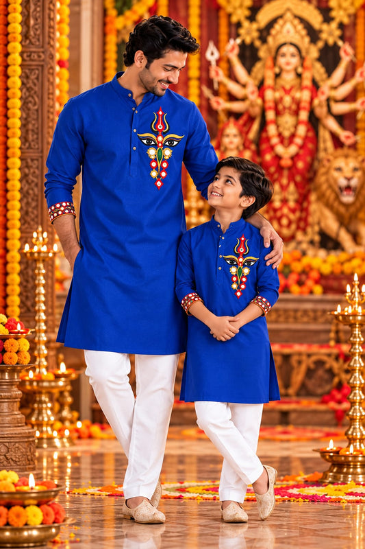 Royal Blue Trinayani Handwork Father Son Kurta Pajama Matching set