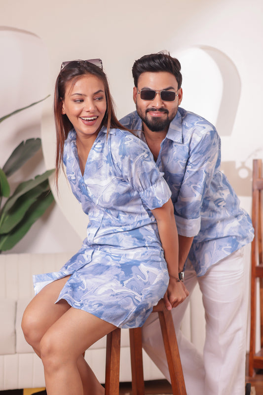 Aqua Harmony couple matching outfit – coordinated cotton dress set for husband and wife, perfect for twinning and couple styling