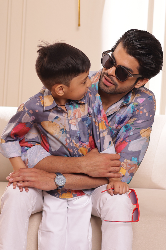 Blue Bond father-son matching shirt combo in elegant blue print, soft breathable cotton coordinated summer outfit