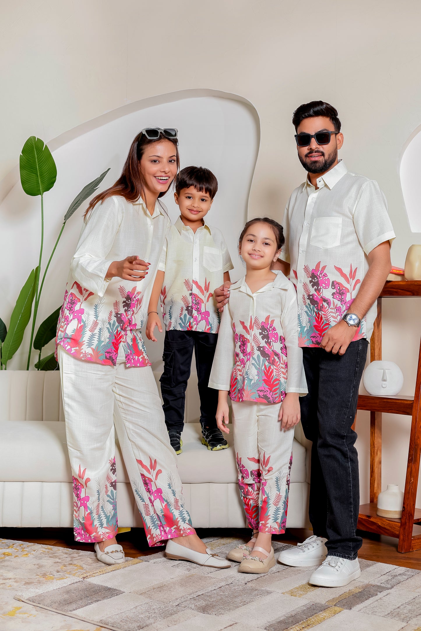 Blush Botanical family matching co-ord set combo in soft cotton with an off-white and pink floral print for mom, dad, and kids. Perfect for birthdays, photoshoots, and festive occasions, available in all sizes.