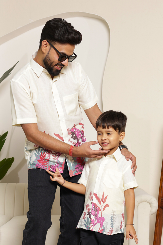 Blush Botanical tropical father-son matching shirt combo in soft pink leafy print, breathable cotton, coordinated summer outfit for stylish family wear