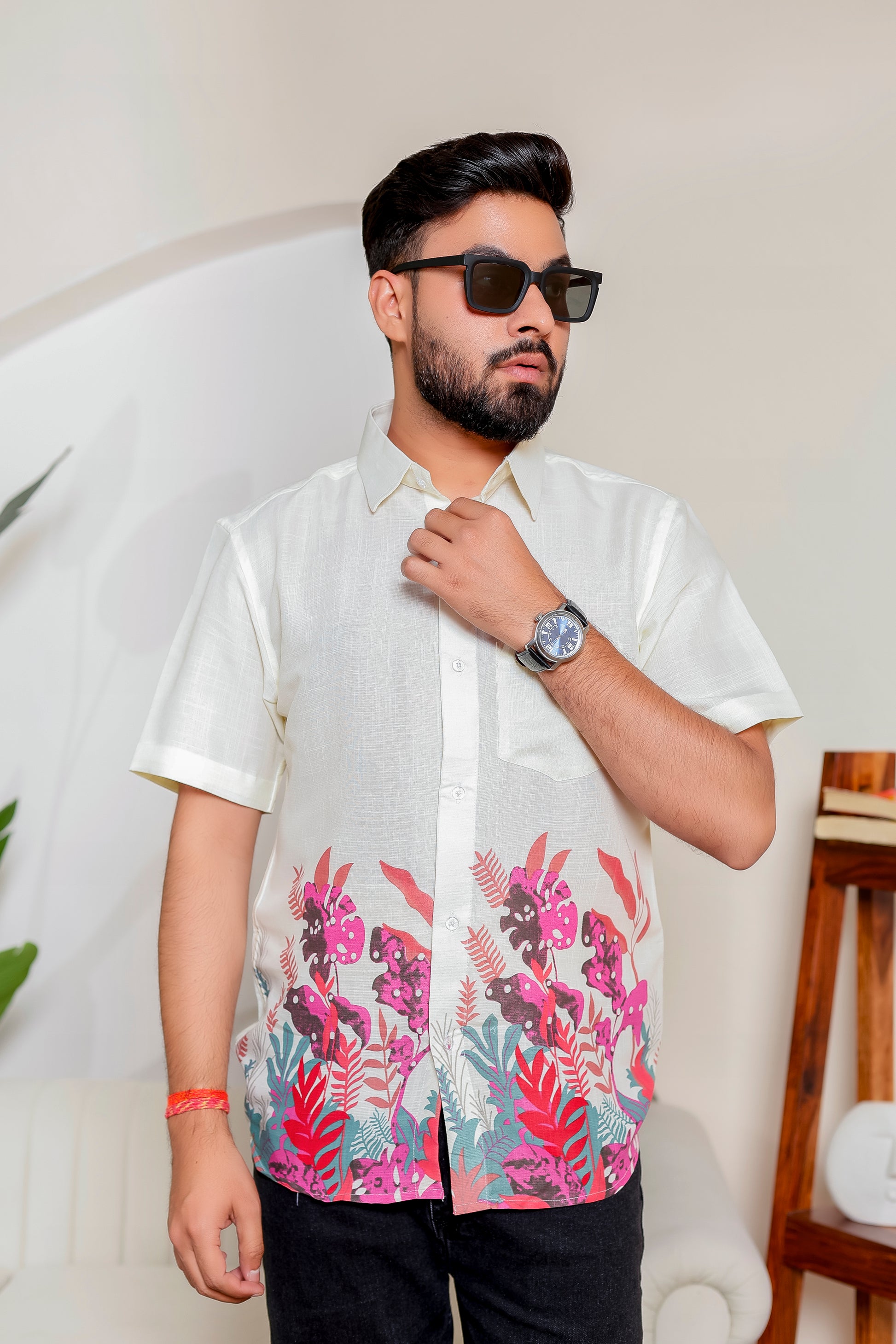 Men in Blush Botanical cotton shirt with floral pink prints. Matching family outfit for dads—customizable, stylish, and perfect for twinning looks.