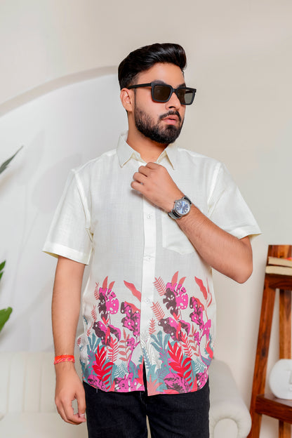 Men in Blush Botanical cotton shirt with floral pink prints. Matching family outfit for dads—customizable, stylish, and perfect for twinning looks.