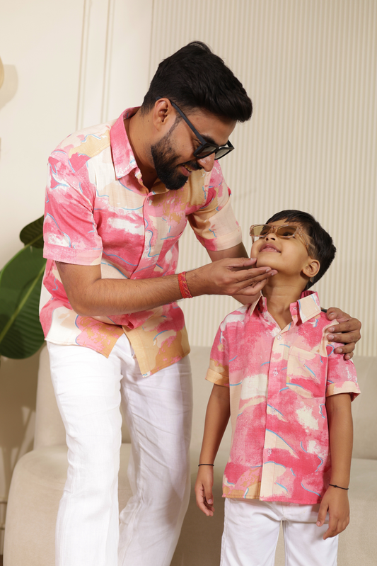 Bubblegum Bliss Father-Son Matching Shirt Combo – soft cotton shirts in bubblegum pink for stylish and comfortable twinning.