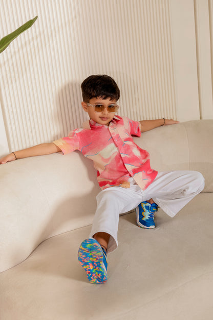 Boy’s bubblegum pink shirt – Bubblegum Bliss Father-Son Matching Combo, soft cotton, comfortable and playful for twinning with dad.