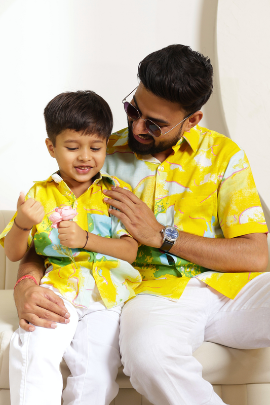 Citrus Bloom Father-Son Matching Shirts – vibrant cotton shirts for playful and stylish twinning.