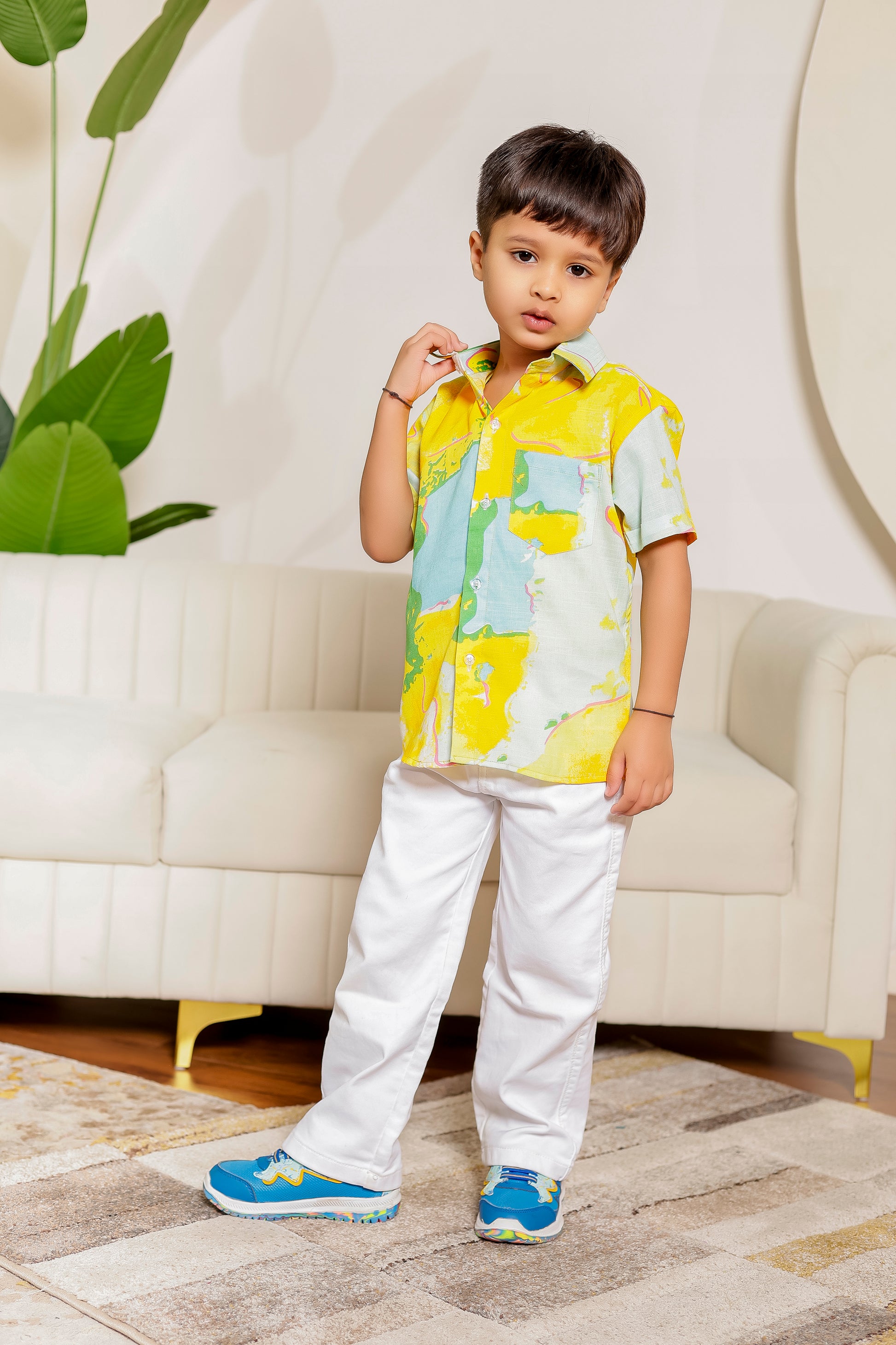 Boy’s citrus-colored shirt – Citrus Bloom Father-Son Matching Combo, soft cotton, fun and comfortable for twinning with dad.