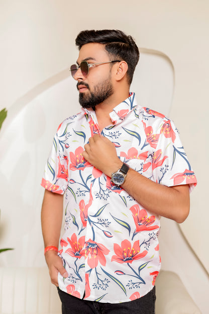 Father wearing coral bloom matching shirt in soft coral color, comfortable cotton casual wear for men.

