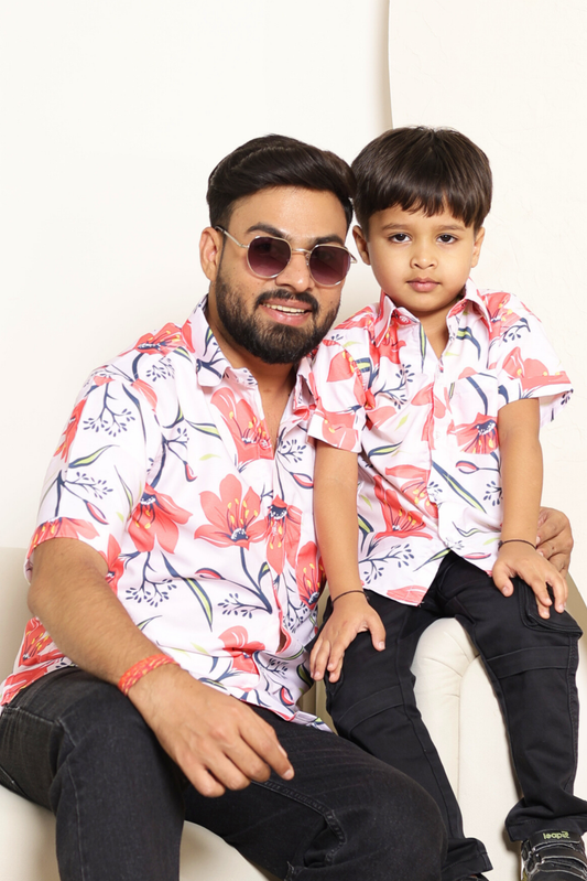Coral Bloom father-son matching shirt combo in soft cotton fabric or every occasion.