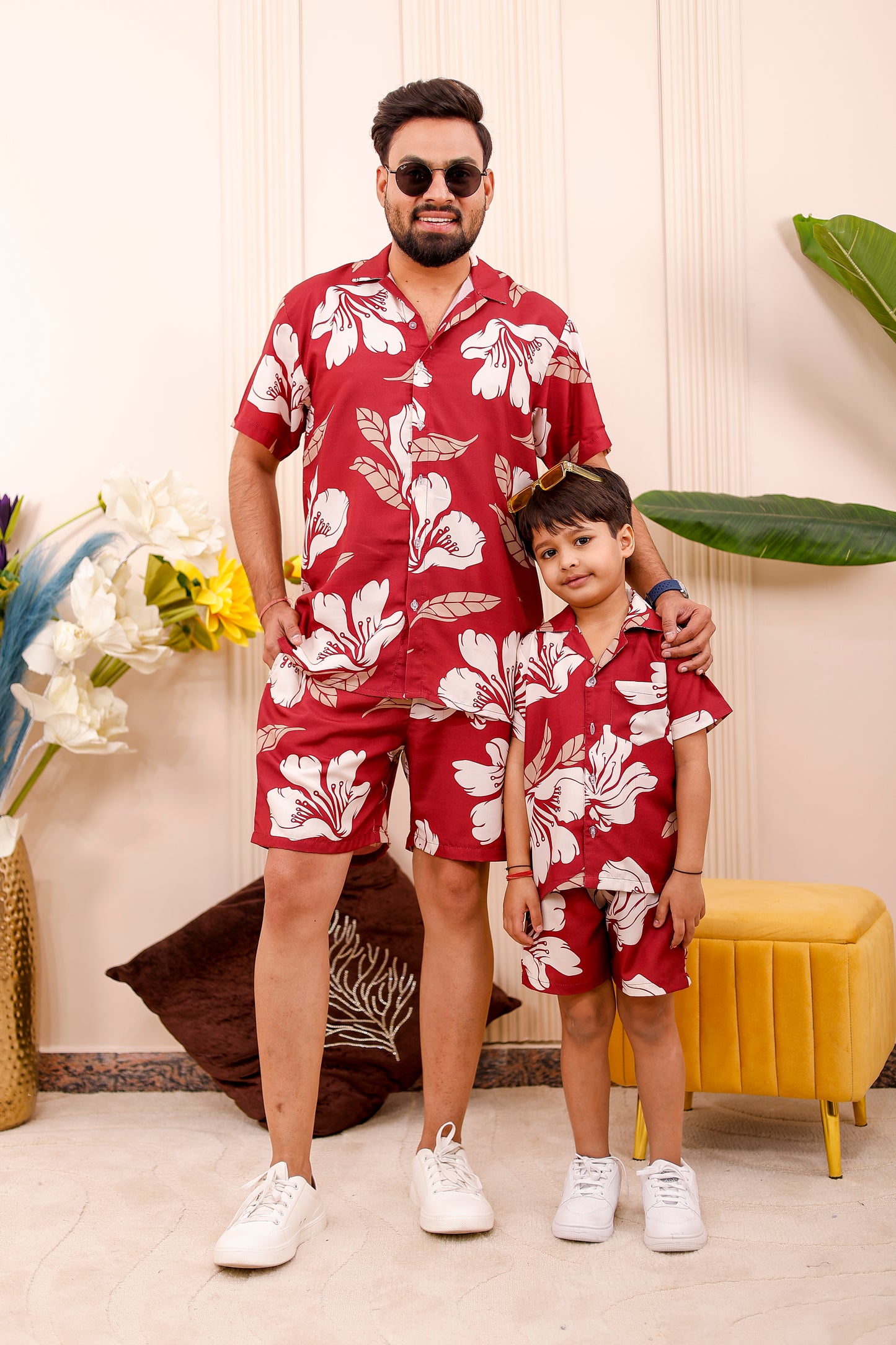 Crimson Bloom father-son matching co-ord set in red floral print summer outfit