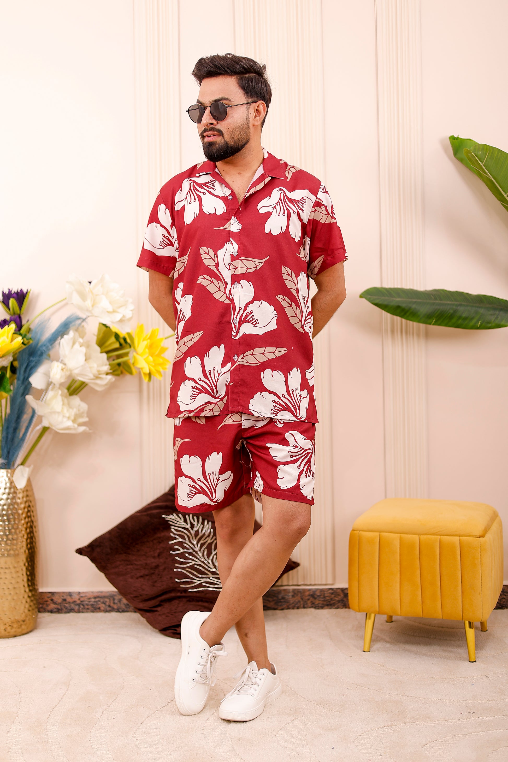 Men’s crimson bloom red floral matching co-ord set from father-son twinning collection