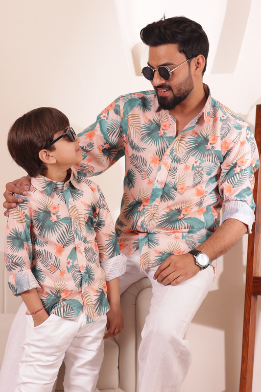 Father and son wearing Desi Chic premium cotton ethnic matching shirt set