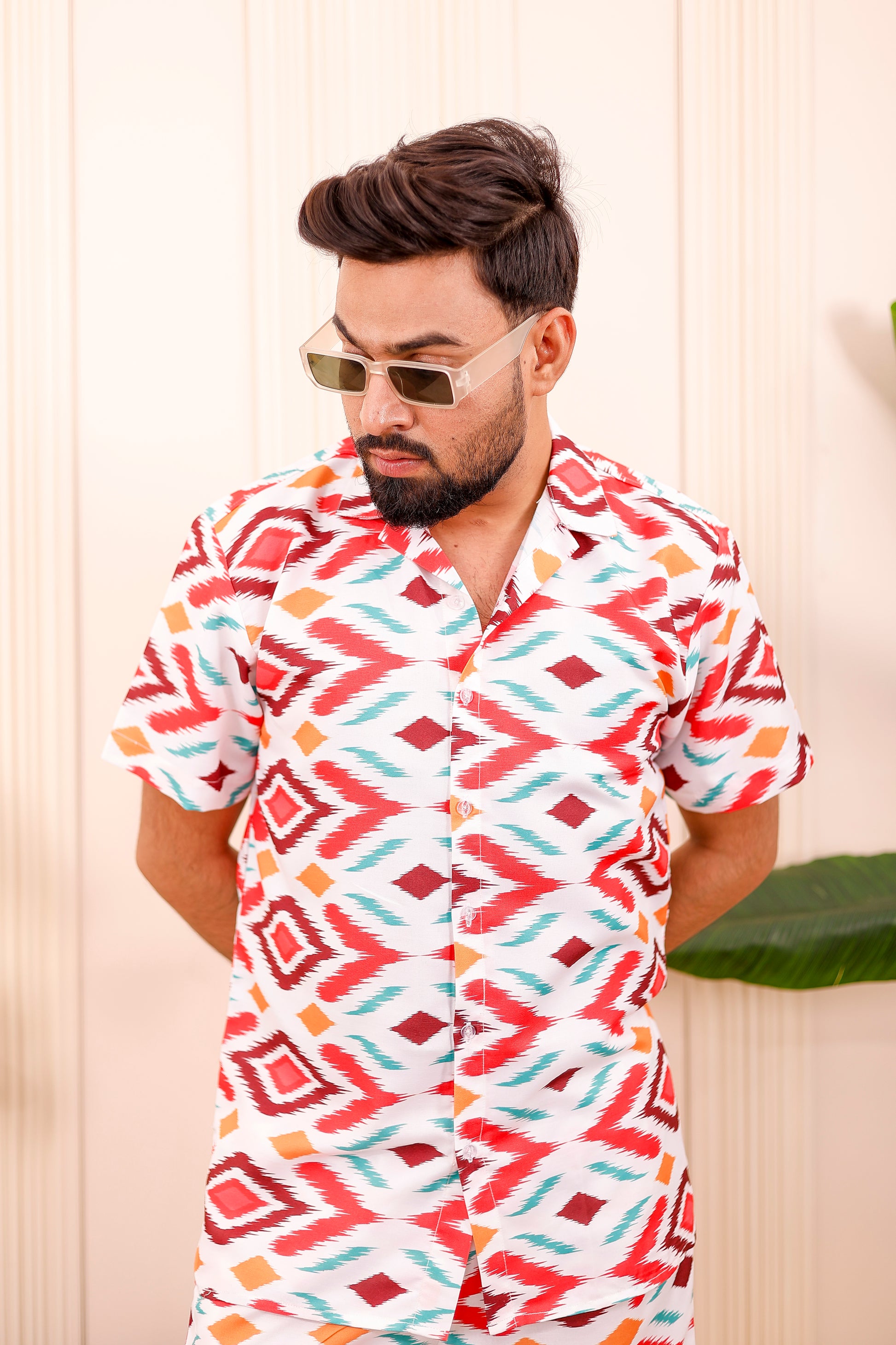 Close view of Dessert Ikkat father-son matching co-ord set