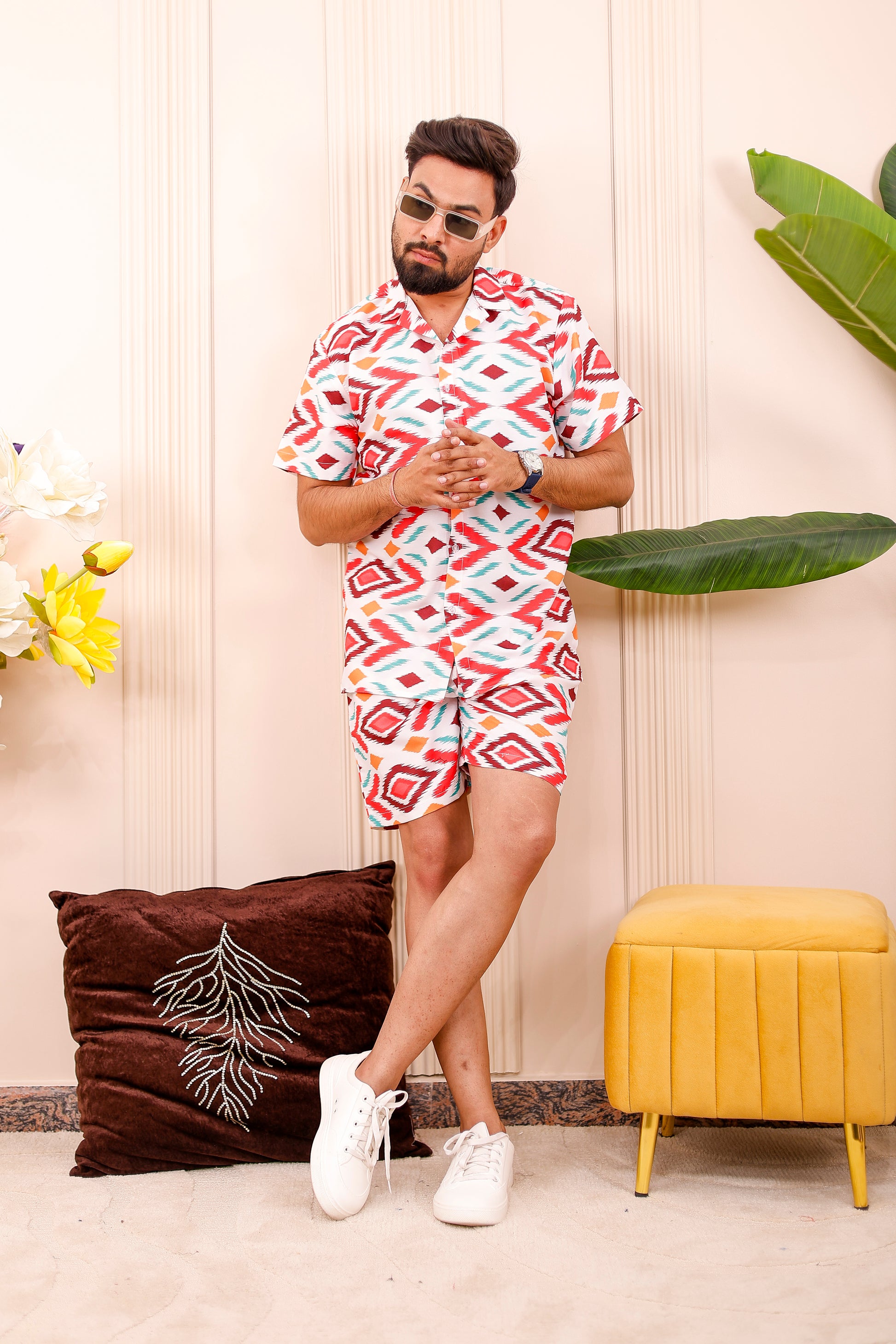 Father wearing Dessert Ikkat in cotton matching co-ord set with shirt and shorts