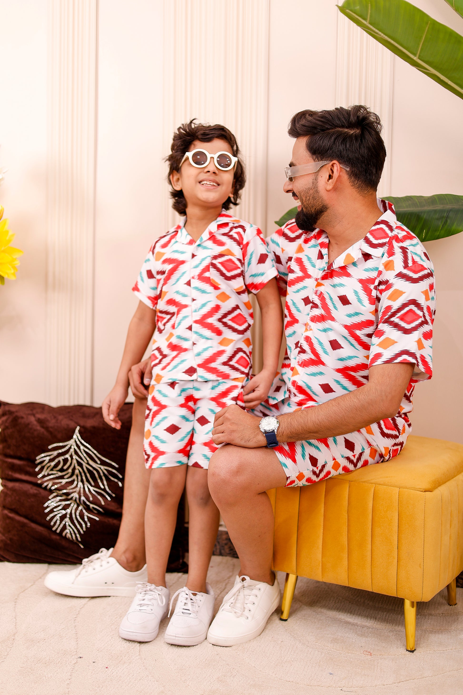 Dessert Ikkat father and son wearing matching co-ord set