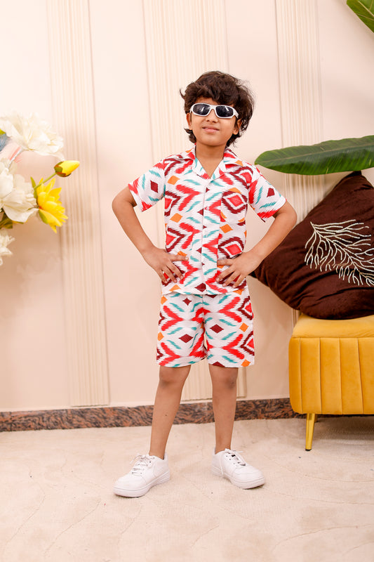 Son wearing Dessert Ikkat father-son matching coord set