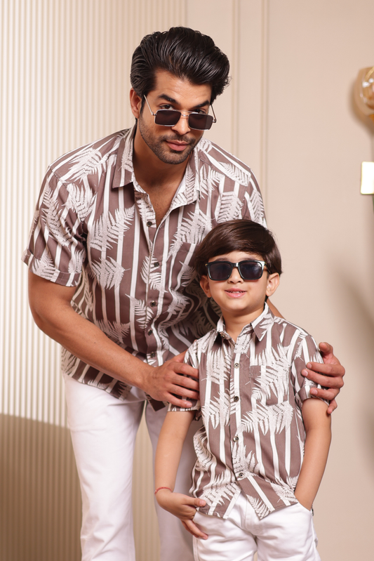 father-son Elegance in Stripes matching shirt combo in classic stripe pattern, soft breathable cotton coordinated outfit for stylish summer wear