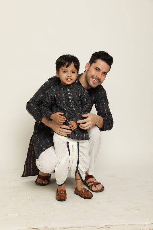 Matching ivory sky duo kurta pajama set for father and son – ideal twinning wear for Diwali, pujas, and festive family gatherings