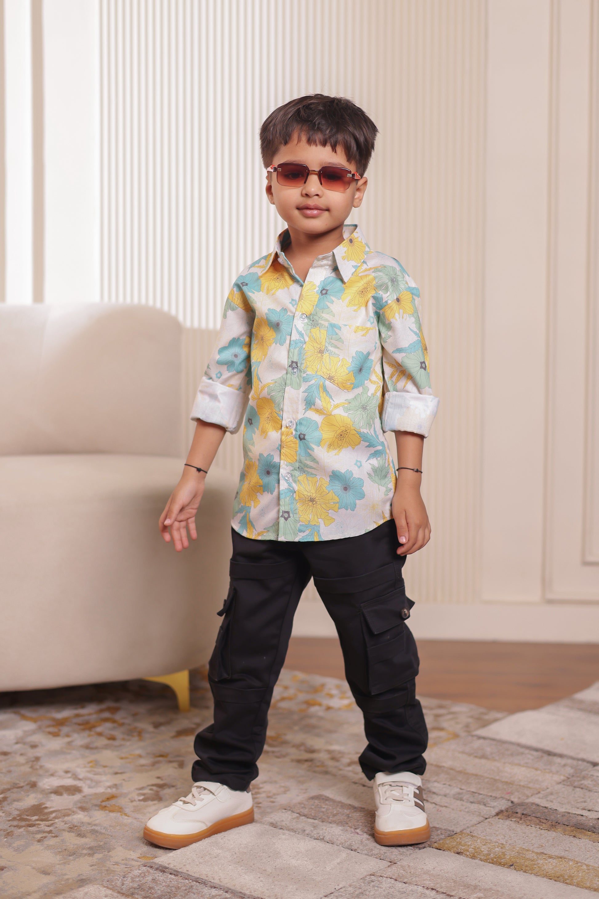 Boy wearing Family Fiesta cotton printed shirt from the family matching outfit combo, designed for coordinated festive and casual family styling.