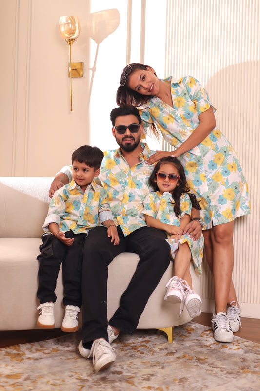 Family Fiesta family matching outfit combo in soft cotton, featuring coordinated festive prints for mom, dad, son, and daughter in stylish co-ord sets and matching shirts.
