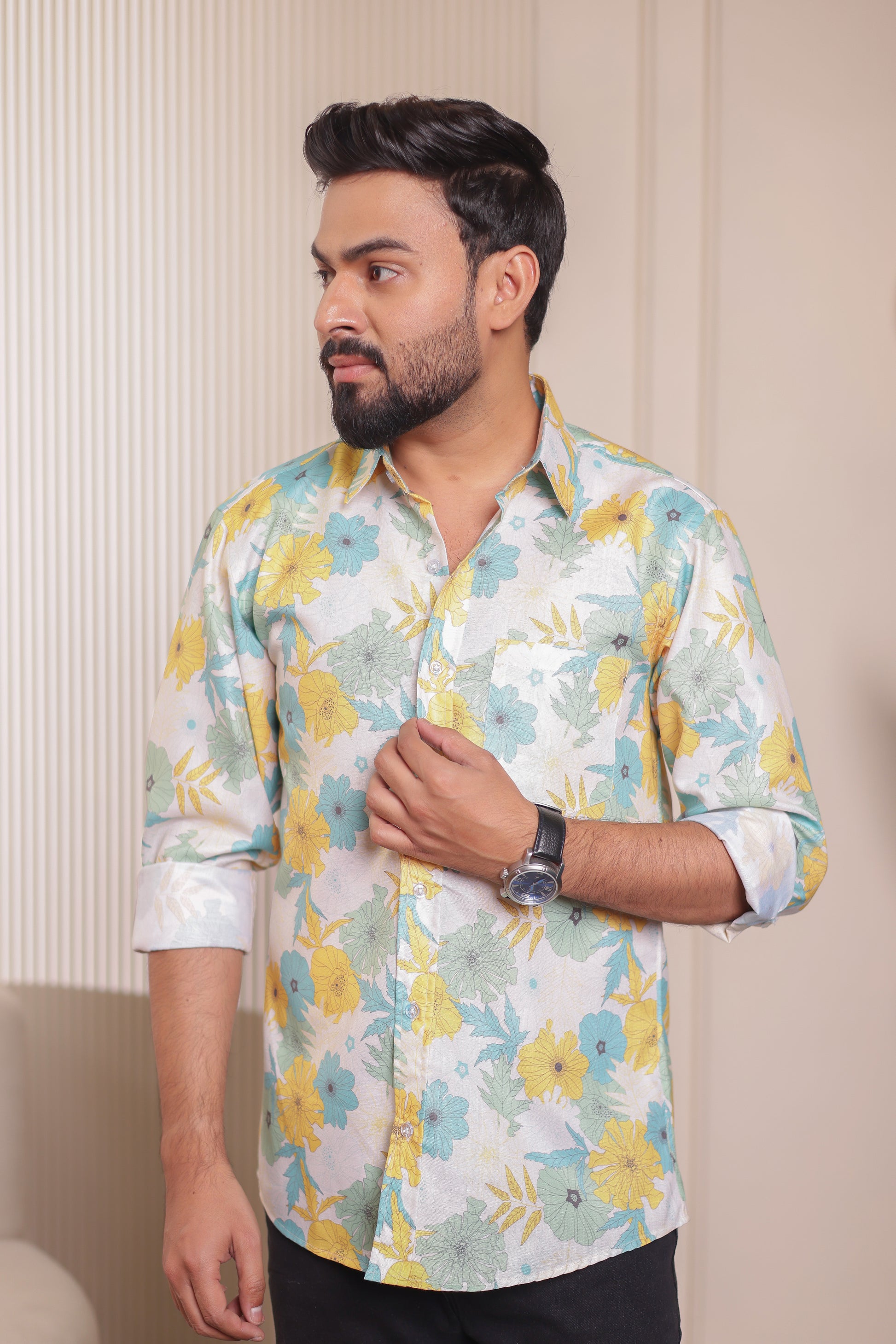 Man wearing Family Fiesta cotton printed shirt from the family matching outfit combo, styled for coordinated festive and casual family looks.
