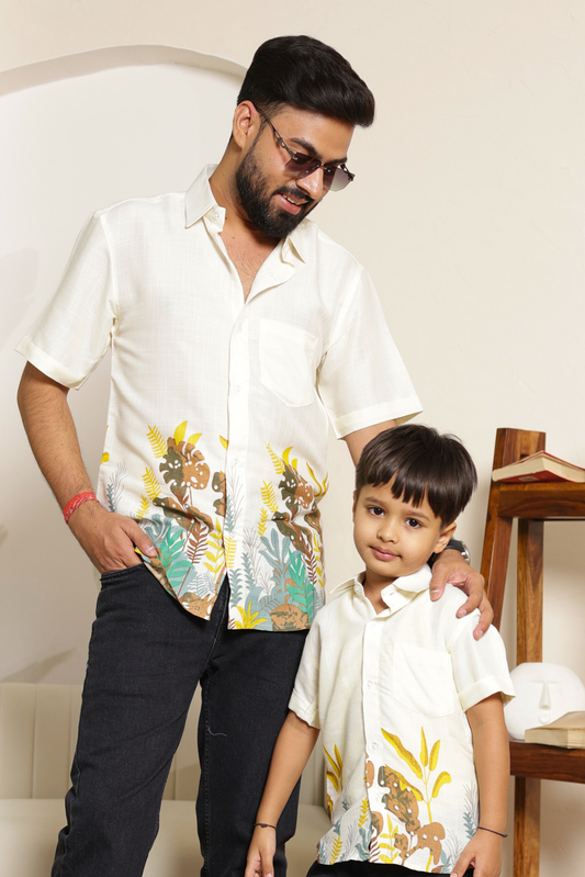 Family Safari Vibes matching shirts for father & Son in earthy tropical safari print, soft breathable cotton coordinated outfit for stylish family summer wear