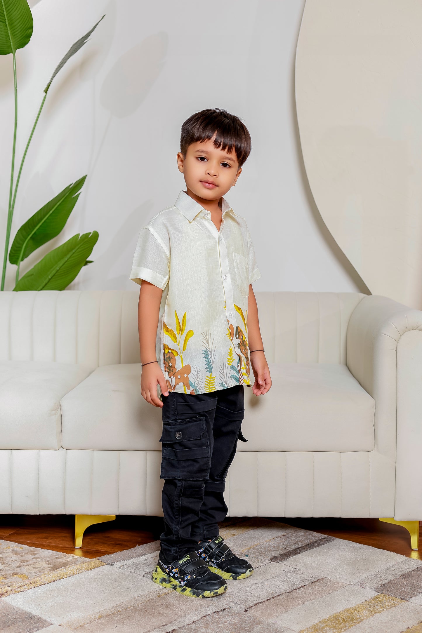 Family Safari Vibes boy matching shirt in earthy tropical safari print, soft breathable cotton comfortable summer wear for kids