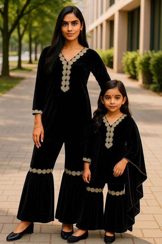 Black & Gold Mother-Daughter Twinning Set – Elegant Festive  winter Wear