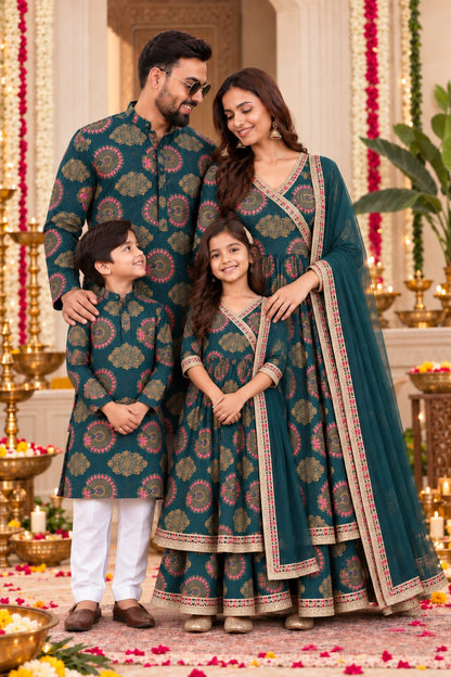 Festive Teal and Gold Print Family Combo Set🎉💛