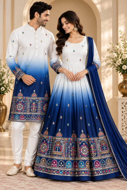 The Royal Indigo Ombré Embroidered | Couple Set 💙
