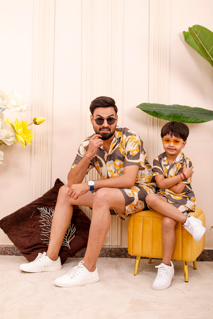 Golden Bloom father-son matching co-Ord set with shirt and coordinated shorts for festive occasions
