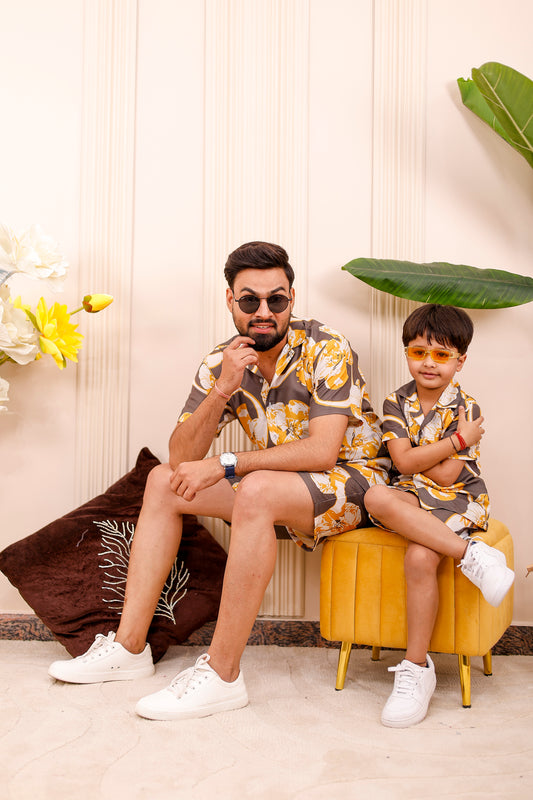 Golden Bloom father-son matching co-Ord set with shirt and coordinated shorts for festive occasions