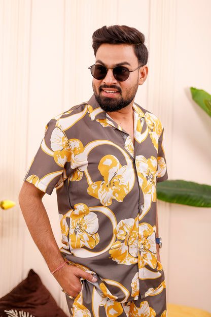 Close-up of Golden Bloom matching men co-ord set highlighting fabric texture and shirt detail