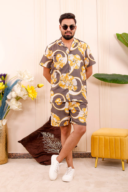 Father wearing Golden Bloom matching co-ord set with shirt and shorts for summer celebrations