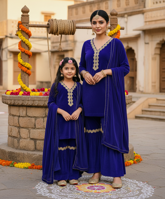 Purple Blue & Gold Mother-Daughter Twinning Set – Elegant Festive  winter Wear