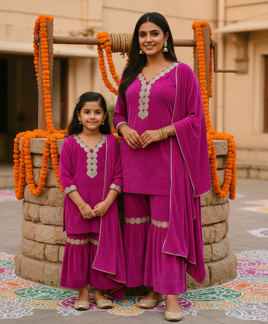 Pink & Gold Mother-Daughter Twinning Set – Elegant Festive  winter Wear